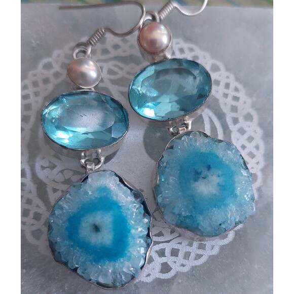 Blue druzy agate? Earrings with blue glass and faux pearl silver plated - Picture 1 of 9
